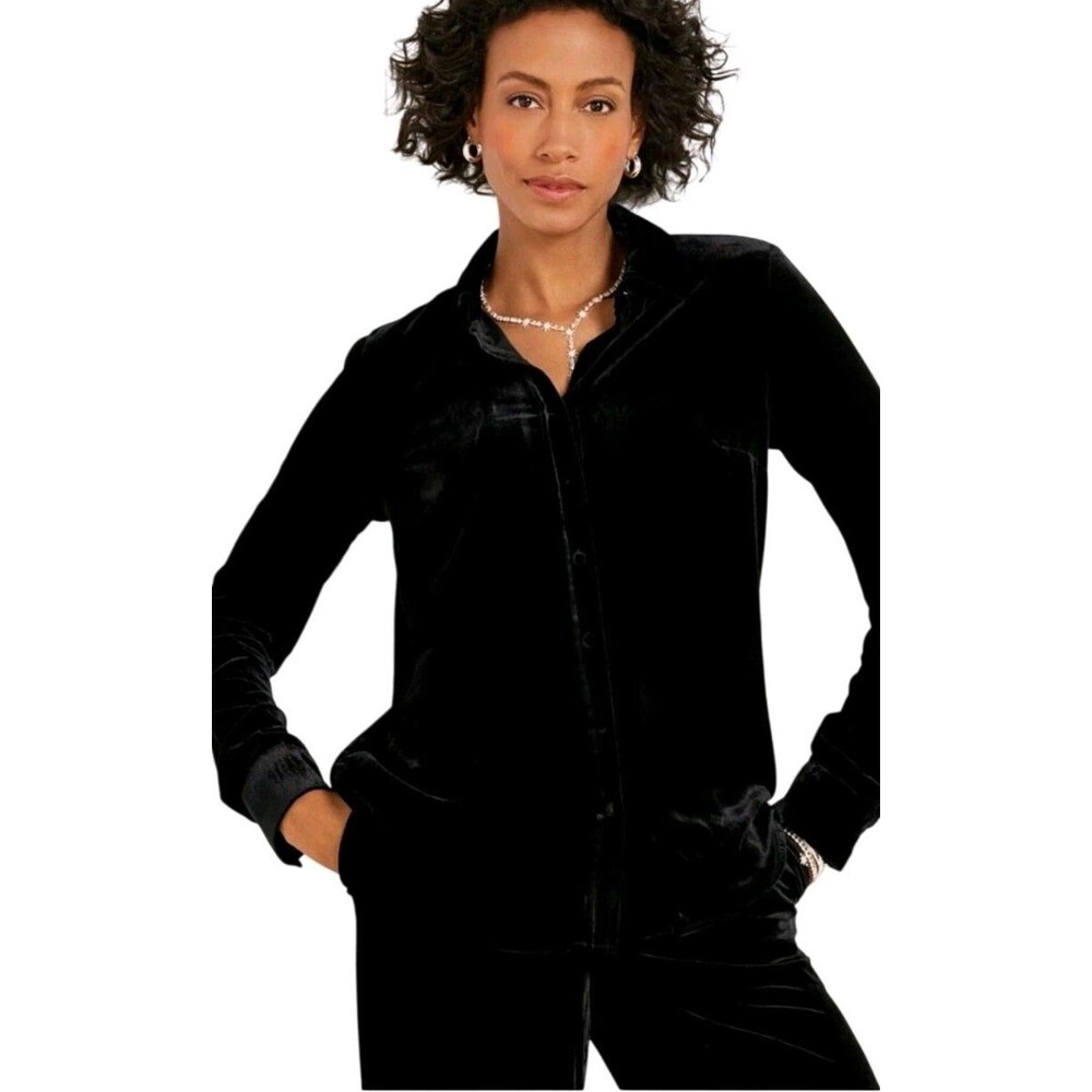 Talbots Effortless Black Velvet Button-up Shirt Long Sleeve Holiday Dressy XL